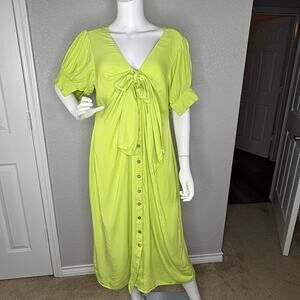 Bucket List A Line Midi Shirt Dress Puff Sleeve Cottage Coquette Lime Green Sz L